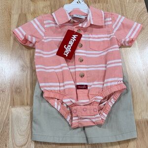 Wrangler Coral Striped Baby Romper with Beige Shorts